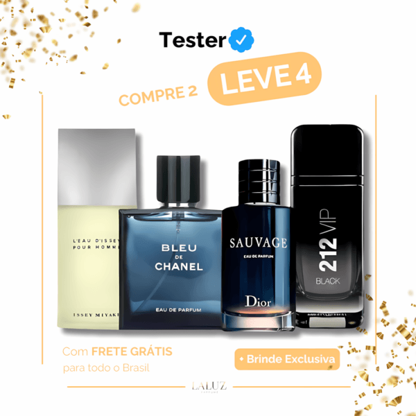 Combo de 4 Perfumes Tester - Issey Miyake, Bleu de Chanel, 212 VIP Black e Sauvage