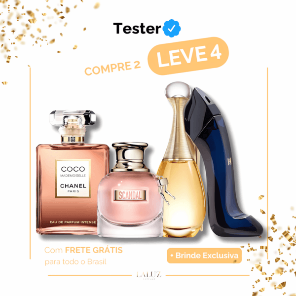 Combo de 4 Perfumes Tester - Coco Chanel Mademoiselle, Scandal, Jadore e Good Girl