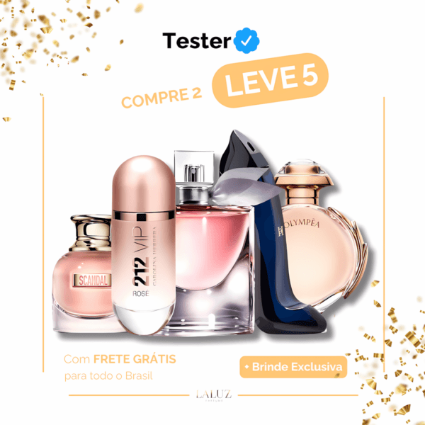 Combo de 5 Perfumes Tester - Scandal, 212 VIP Rosé, La Vie est Belle, Good Girl e Olympéa