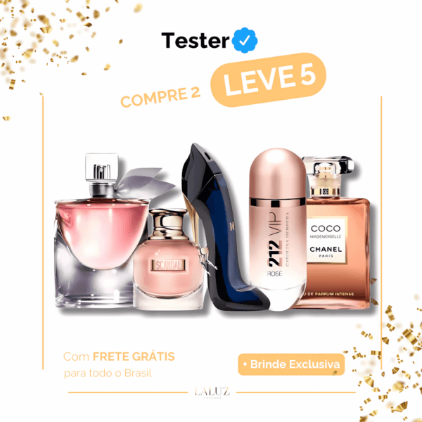 Combo de 5 Perfumes Tester - Scandal, 212 VIP Rosé, La Vie est Belle, Good Girl e Coco Chanel Mademoiselle