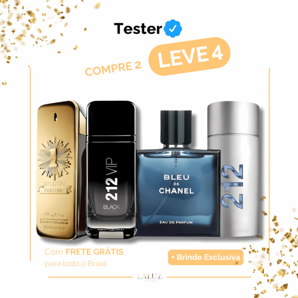Combo de 4 Perfumes Tester - One Million, Bleu de Chanel, 212 MEN e 212 VIP Black