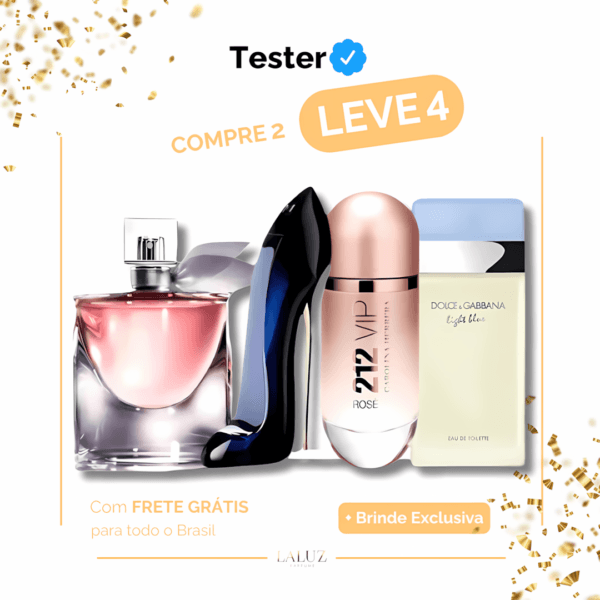 Combo de 4 Perfumes Tester - 212 VIP Rosé, La Vie est Belle, Good Girl e Light Blue